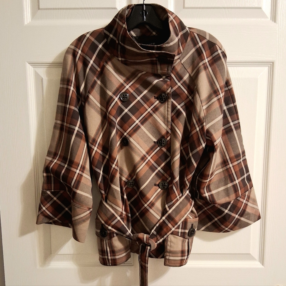 Apt 9 Brown Plaid Double Breasted High Neck Belted Styled Jacket XL - Picture 10 of 10